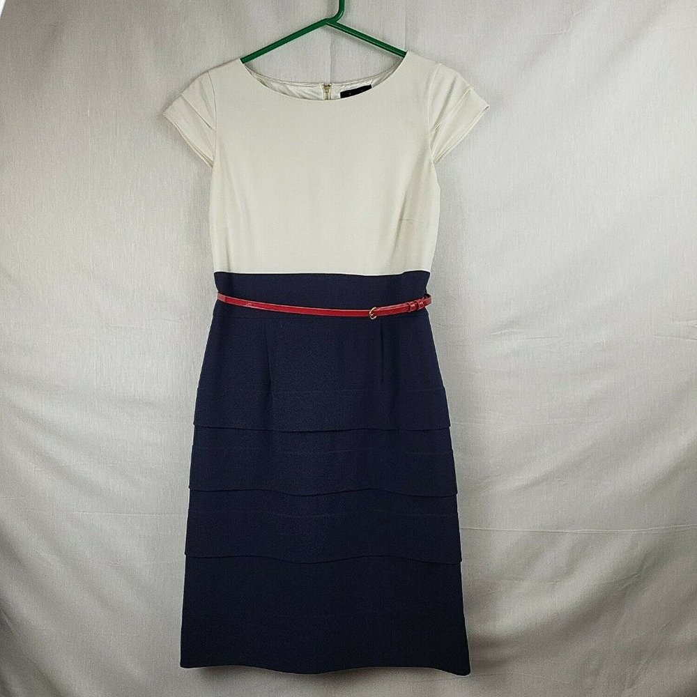Tahari ASL Womens‎ Blue White Short Sleeve Round Neck Midi Sheath Dress Size 8